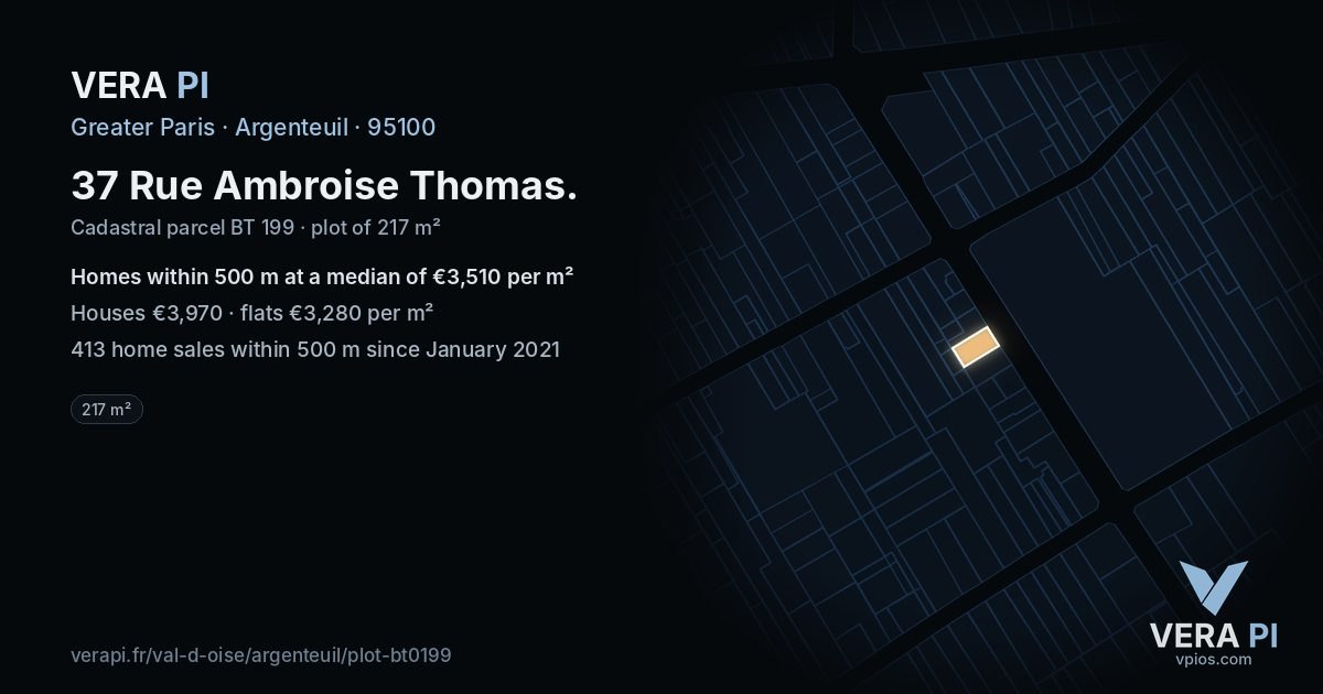 37 Rue Ambroise Thomas, Argenteuil at night – the plot lit, the parcels around coloured by the prices near them