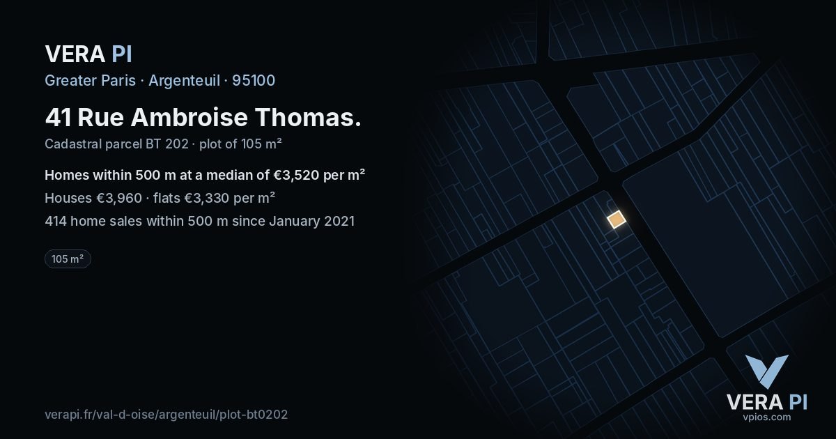 41 Rue Ambroise Thomas, Argenteuil at night – the plot lit, the parcels around coloured by the prices near them