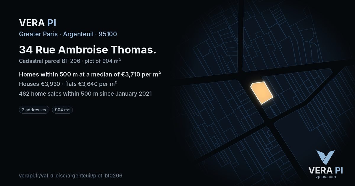 34 Rue Ambroise Thomas, Argenteuil at night – the plot lit, the parcels around coloured by the prices near them
