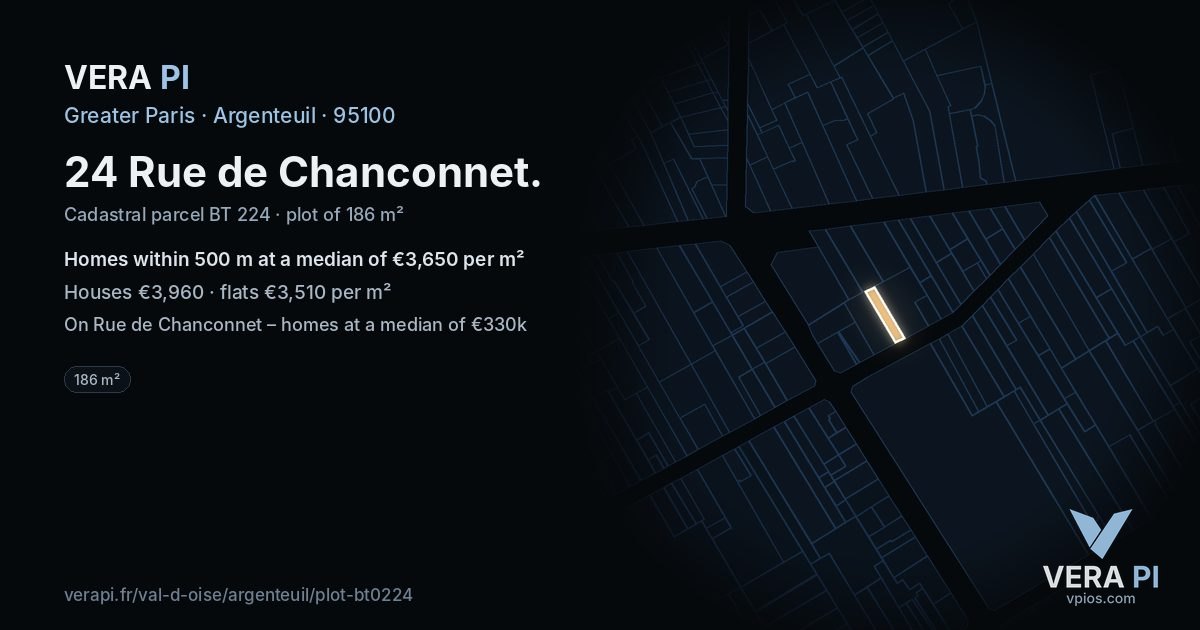 24 Rue de Chanconnet, Argenteuil at night – the plot lit, the parcels around coloured by the prices near them