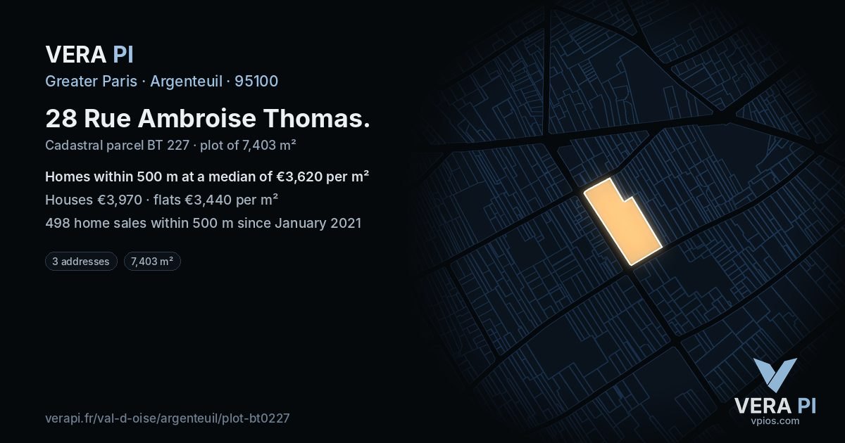 28 Rue Ambroise Thomas, Argenteuil at night – the plot lit, the parcels around coloured by the prices near them