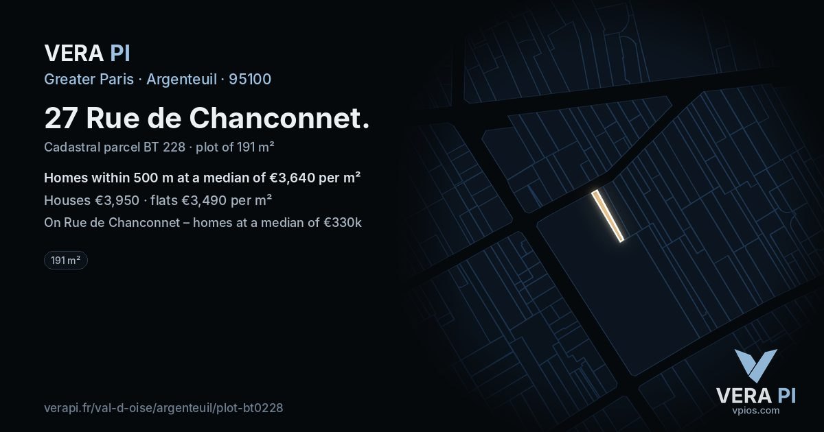 27 Rue de Chanconnet, Argenteuil at night – the plot lit, the parcels around coloured by the prices near them