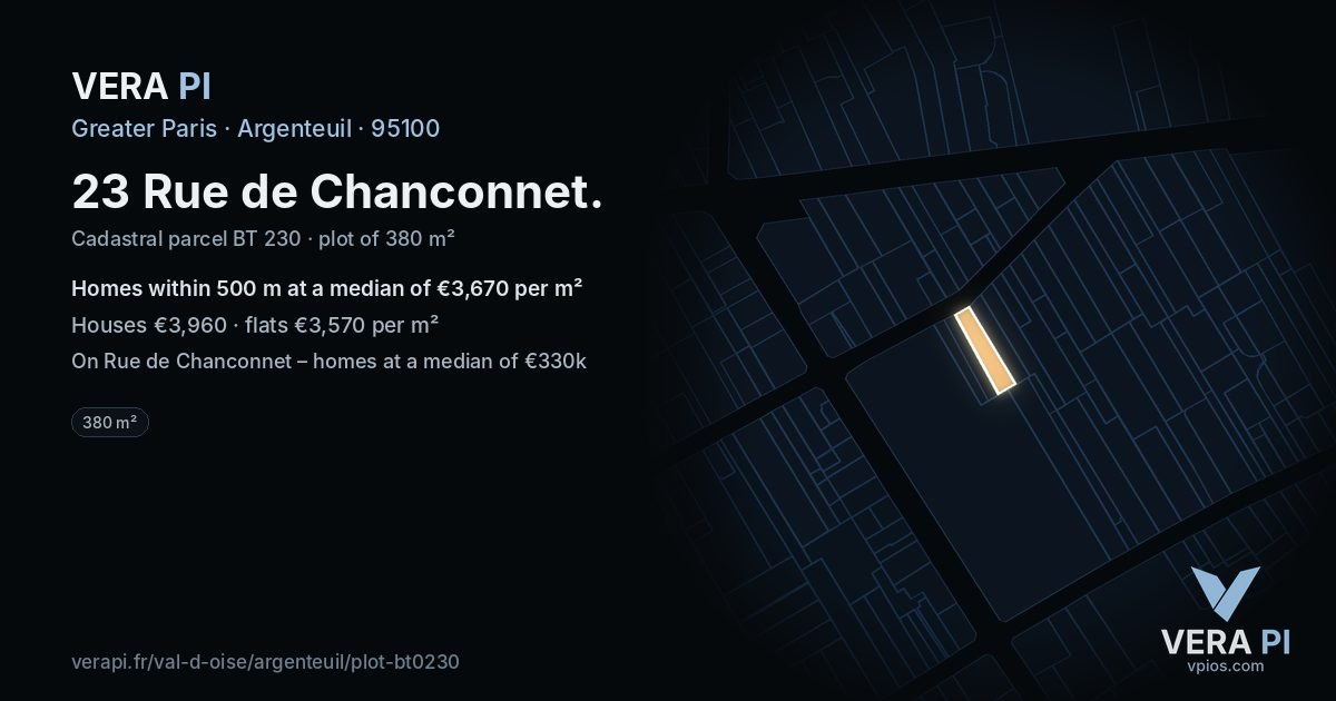 23 Rue de Chanconnet, Argenteuil at night – the plot lit, the parcels around coloured by the prices near them