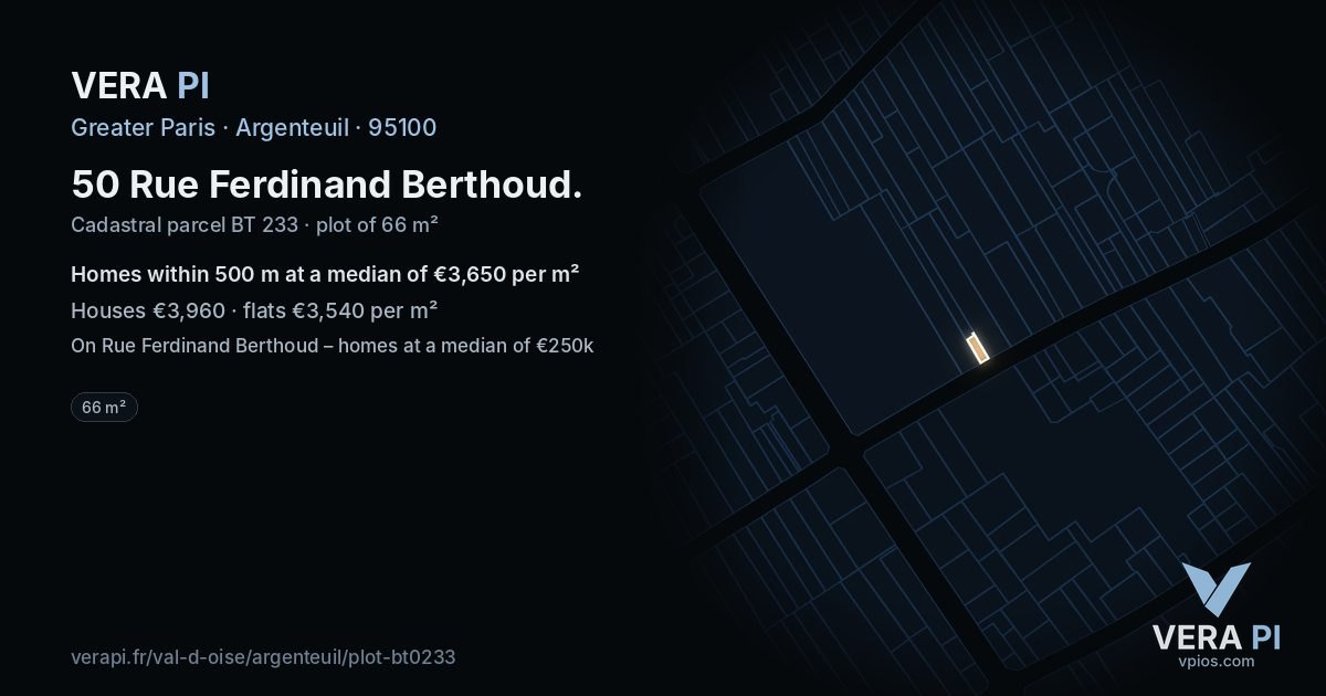 50 Rue Ferdinand Berthoud, Argenteuil at night – the plot lit, the parcels around coloured by the prices near them