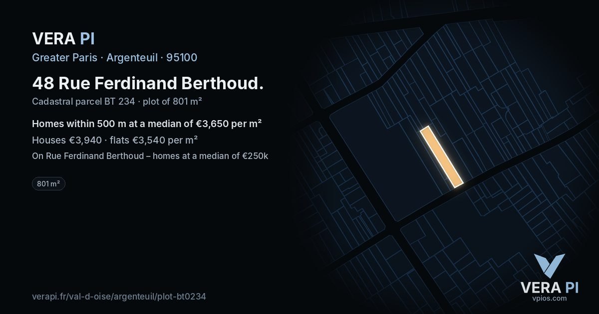 48 Rue Ferdinand Berthoud, Argenteuil at night – the plot lit, the parcels around coloured by the prices near them
