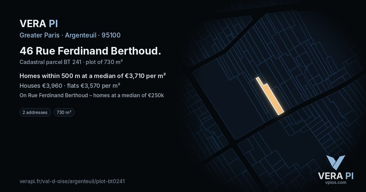 46 Rue Ferdinand Berthoud, Argenteuil at night – the plot lit, the parcels around coloured by the prices near them