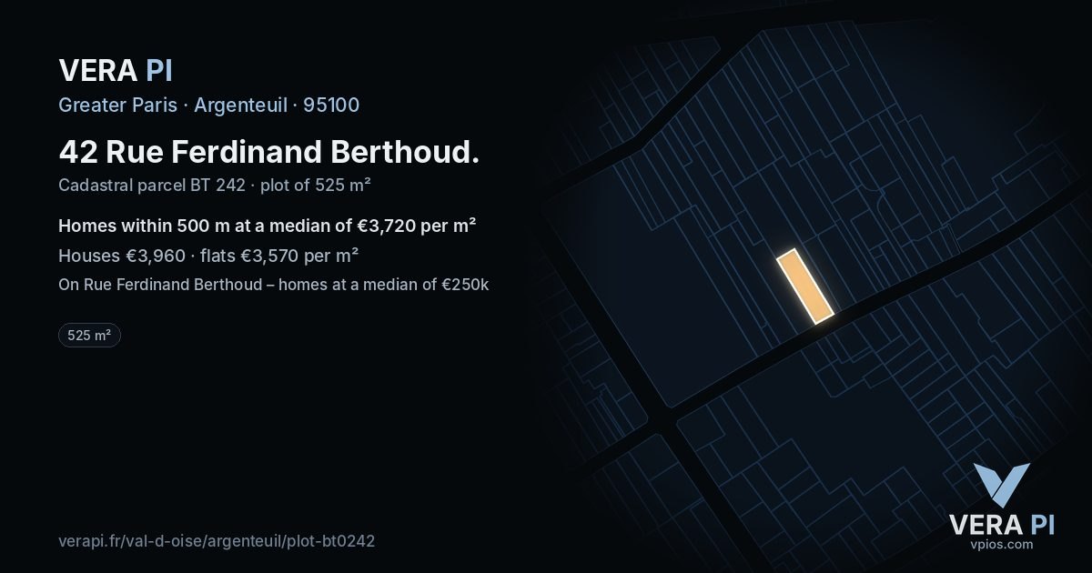 42 Rue Ferdinand Berthoud, Argenteuil at night – the plot lit, the parcels around coloured by the prices near them