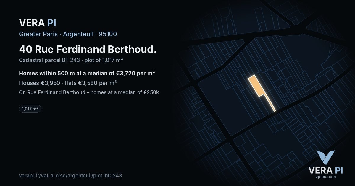 40 Rue Ferdinand Berthoud, Argenteuil at night – the plot lit, the parcels around coloured by the prices near them