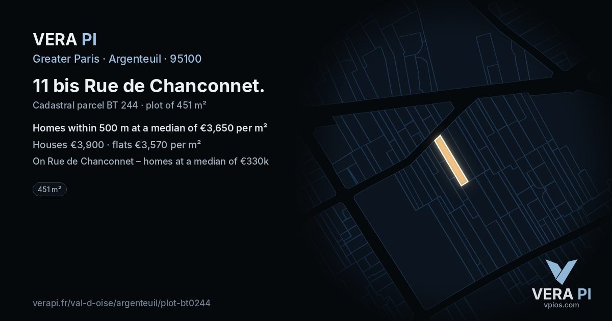 11 bis Rue de Chanconnet, Argenteuil at night – the plot lit, the parcels around coloured by the prices near them