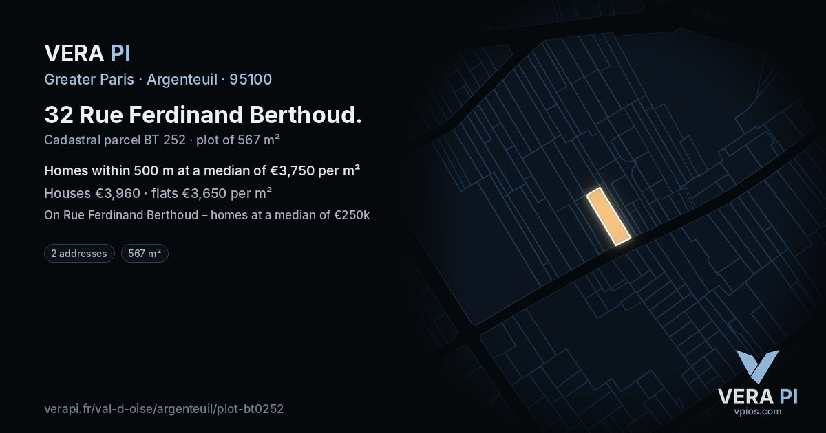 32 Rue Ferdinand Berthoud, Argenteuil at night – the plot lit, the parcels around coloured by the prices near them