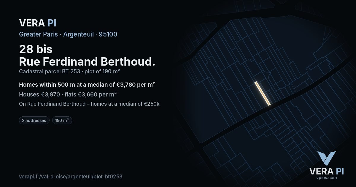 28 bis Rue Ferdinand Berthoud, Argenteuil at night – the plot lit, the parcels around coloured by the prices near them