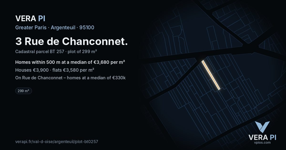 3 Rue de Chanconnet, Argenteuil at night – the plot lit, the parcels around coloured by the prices near them