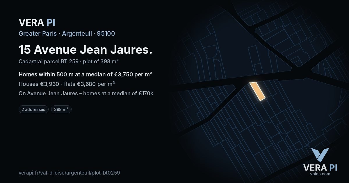 15 Avenue Jean Jaures, Argenteuil at night – the plot lit, the parcels around coloured by the prices near them