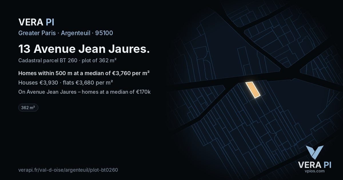 13 Avenue Jean Jaures, Argenteuil at night – the plot lit, the parcels around coloured by the prices near them
