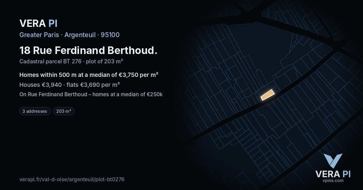 18 Rue Ferdinand Berthoud, Argenteuil at night – the plot lit, the parcels around coloured by the prices near them