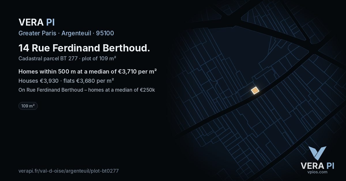 14 Rue Ferdinand Berthoud, Argenteuil at night – the plot lit, the parcels around coloured by the prices near them