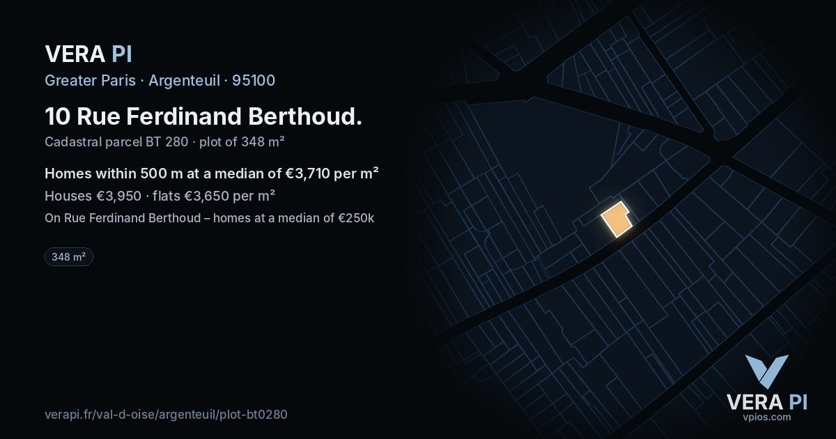 10 Rue Ferdinand Berthoud, Argenteuil at night – the plot lit, the parcels around coloured by the prices near them