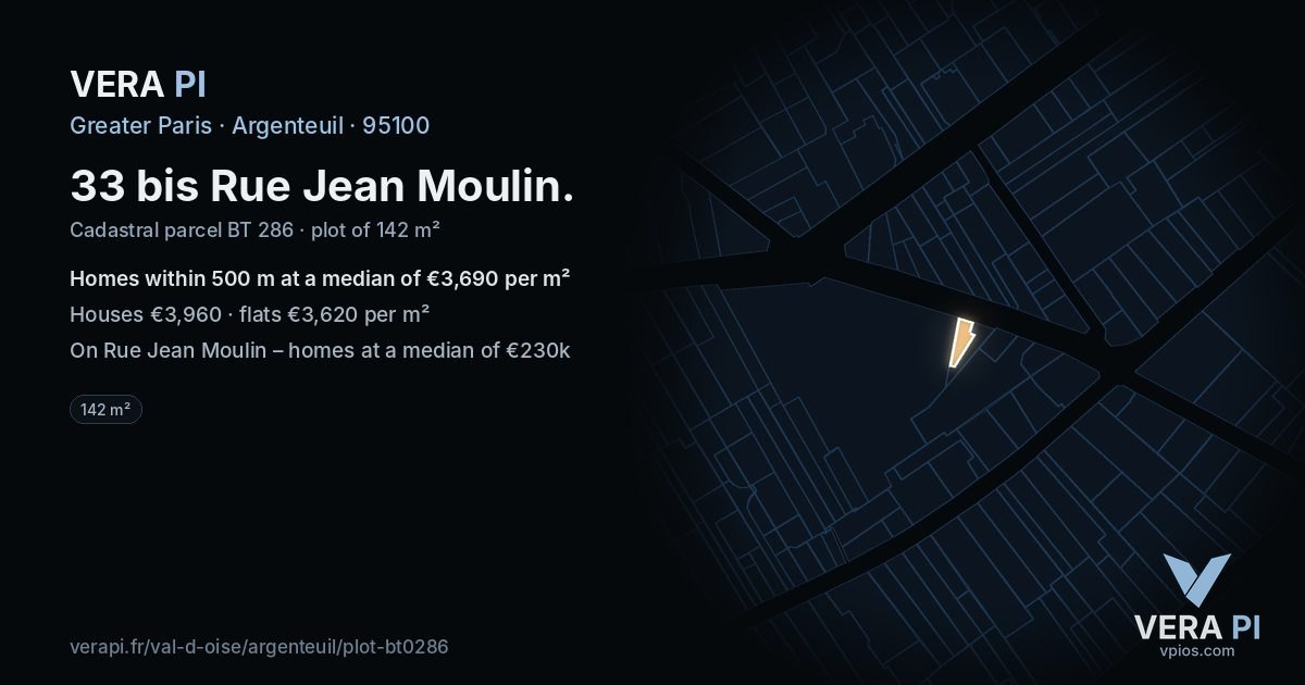 33 bis Rue Jean Moulin, Argenteuil at night – the plot lit, the parcels around coloured by the prices near them