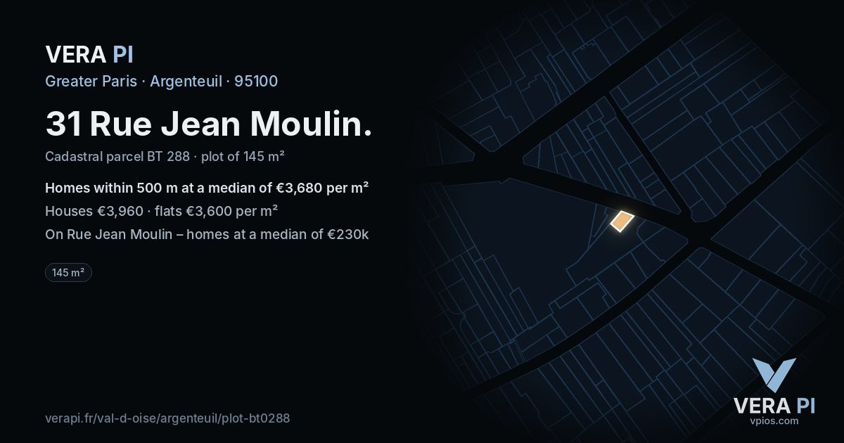 31 Rue Jean Moulin, Argenteuil at night – the plot lit, the parcels around coloured by the prices near them