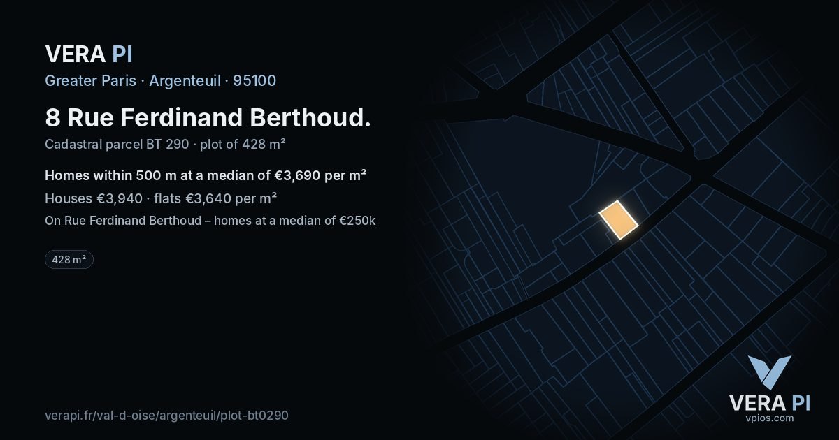 8 Rue Ferdinand Berthoud, Argenteuil at night – the plot lit, the parcels around coloured by the prices near them