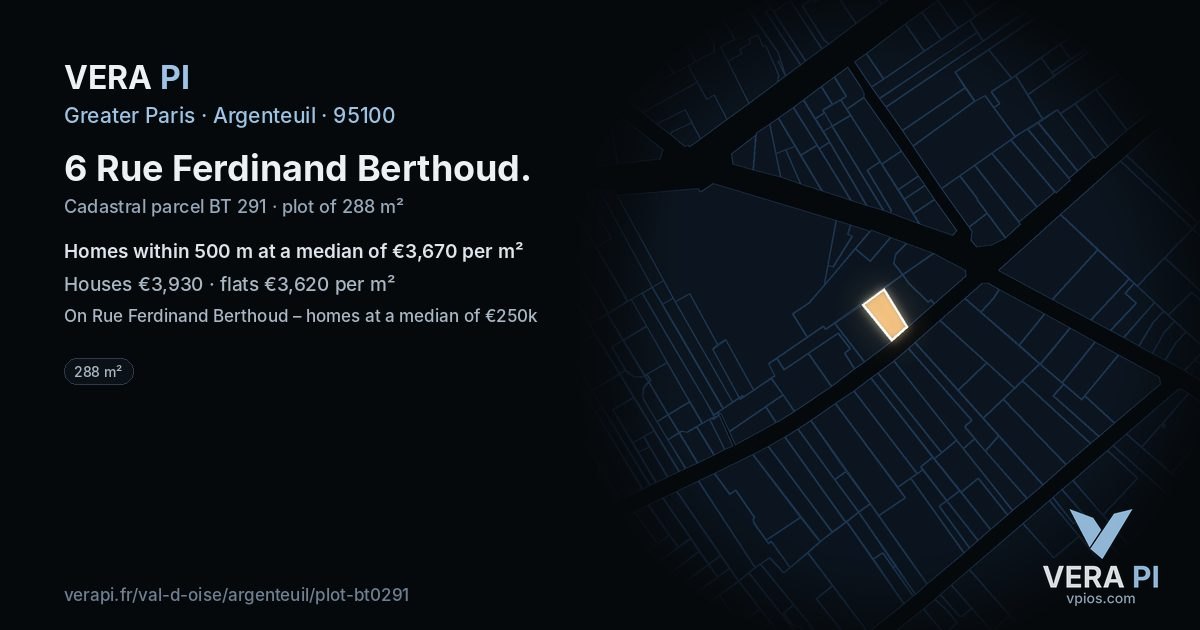 6 Rue Ferdinand Berthoud, Argenteuil at night – the plot lit, the parcels around coloured by the prices near them