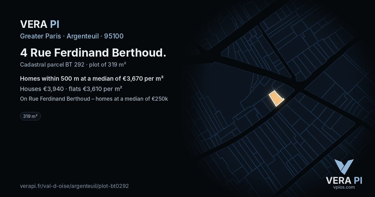 4 Rue Ferdinand Berthoud, Argenteuil at night – the plot lit, the parcels around coloured by the prices near them