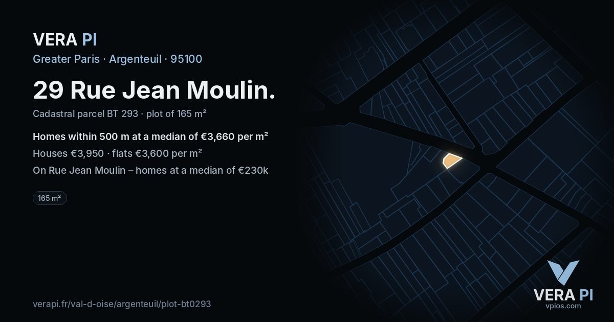 29 Rue Jean Moulin, Argenteuil at night – the plot lit, the parcels around coloured by the prices near them