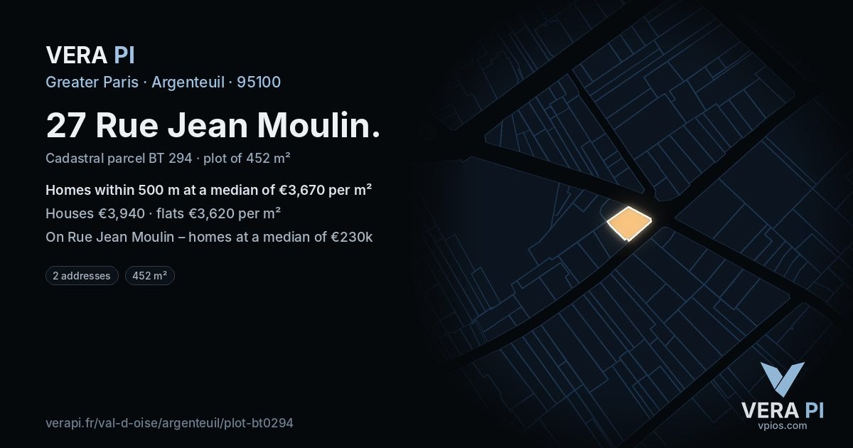 27 Rue Jean Moulin, Argenteuil at night – the plot lit, the parcels around coloured by the prices near them