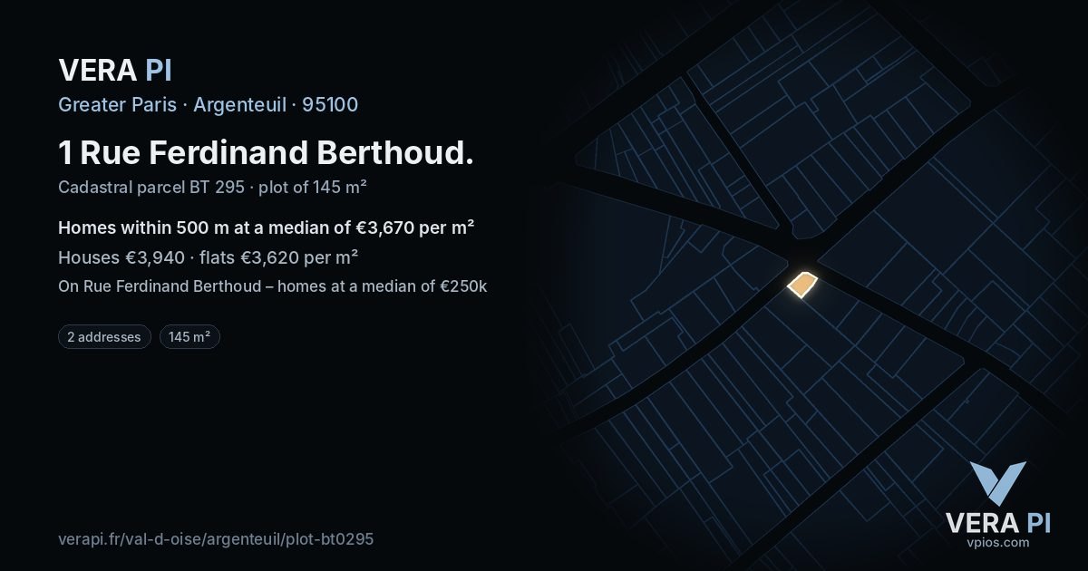 1 Rue Ferdinand Berthoud, Argenteuil at night – the plot lit, the parcels around coloured by the prices near them