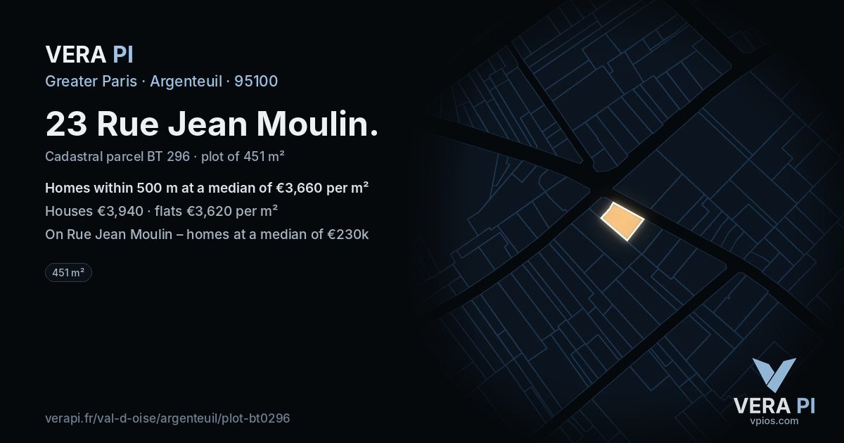 23 Rue Jean Moulin, Argenteuil at night – the plot lit, the parcels around coloured by the prices near them
