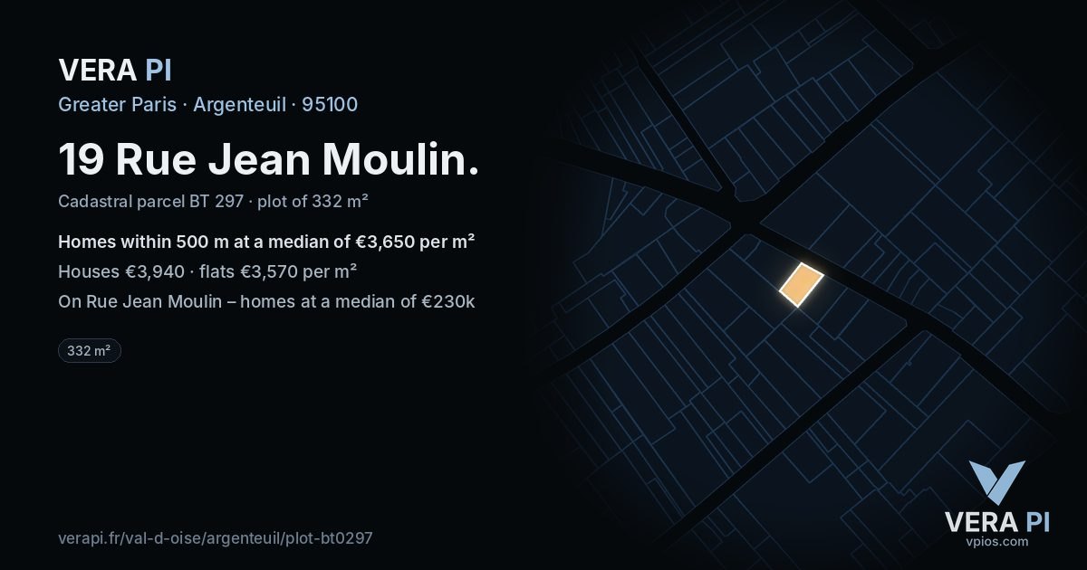 19 Rue Jean Moulin, Argenteuil at night – the plot lit, the parcels around coloured by the prices near them