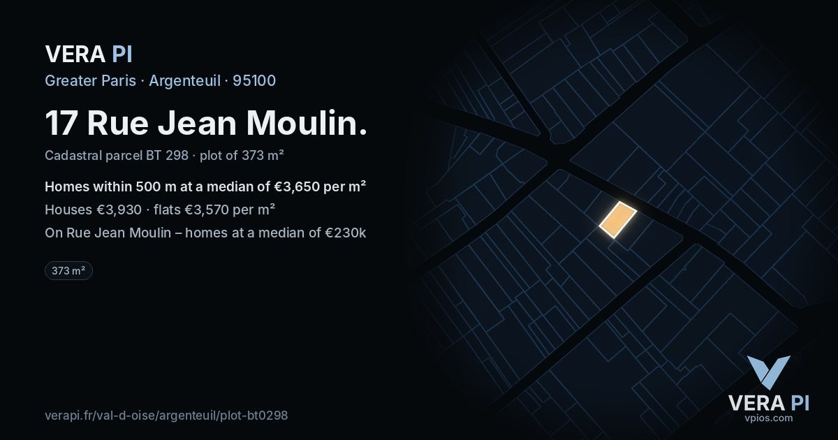 17 Rue Jean Moulin, Argenteuil at night – the plot lit, the parcels around coloured by the prices near them