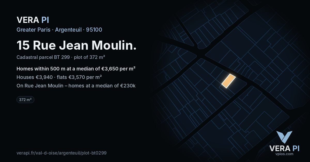15 Rue Jean Moulin, Argenteuil at night – the plot lit, the parcels around coloured by the prices near them