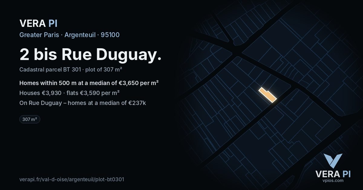 2 bis Rue Duguay, Argenteuil at night – the plot lit, the parcels around coloured by the prices near them