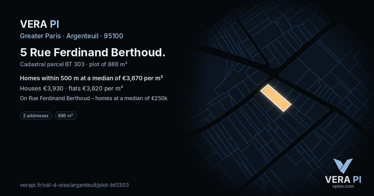 5 Rue Ferdinand Berthoud, Argenteuil at night – the plot lit, the parcels around coloured by the prices near them