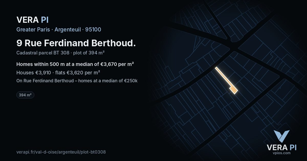 9 Rue Ferdinand Berthoud, Argenteuil at night – the plot lit, the parcels around coloured by the prices near them