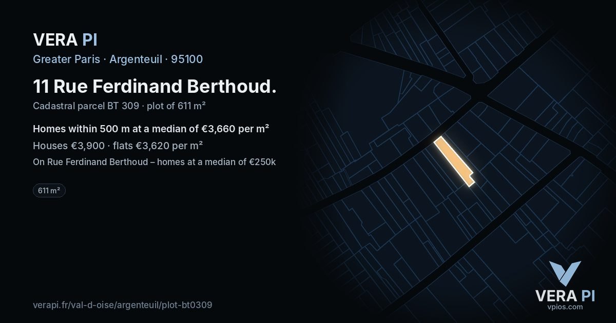 11 Rue Ferdinand Berthoud, Argenteuil at night – the plot lit, the parcels around coloured by the prices near them