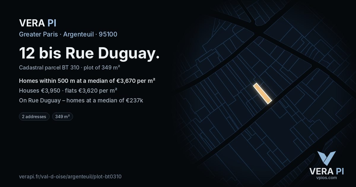 12 bis Rue Duguay, Argenteuil at night – the plot lit, the parcels around coloured by the prices near them