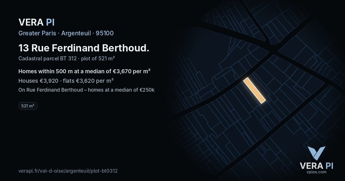 13 Rue Ferdinand Berthoud, Argenteuil at night – the plot lit, the parcels around coloured by the prices near them