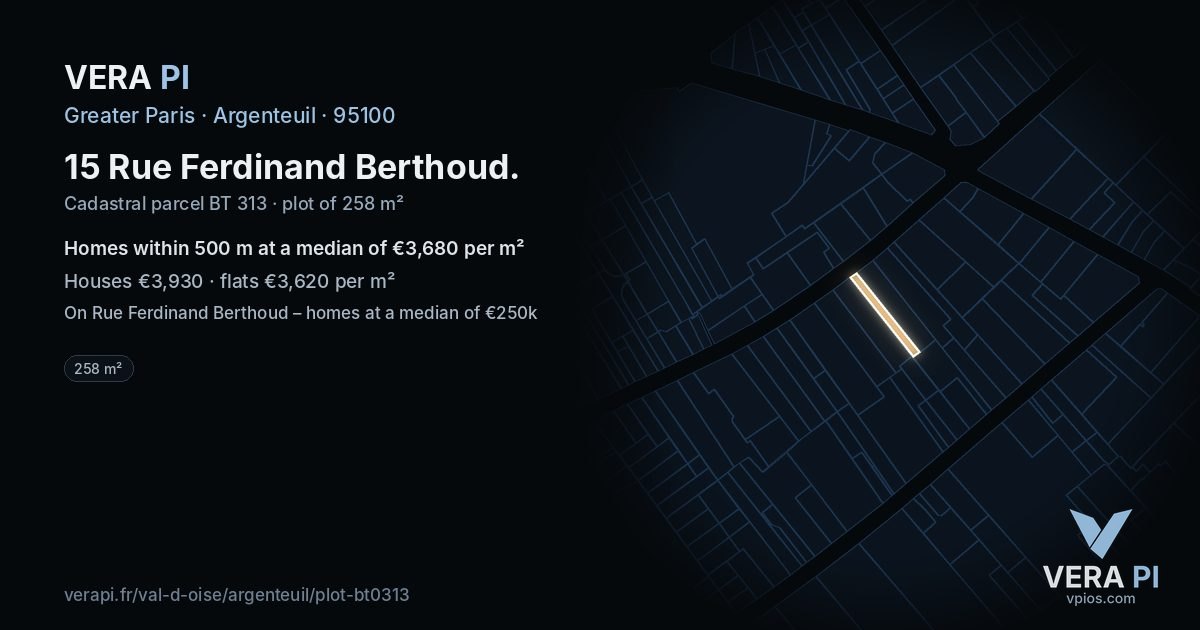 15 Rue Ferdinand Berthoud, Argenteuil at night – the plot lit, the parcels around coloured by the prices near them