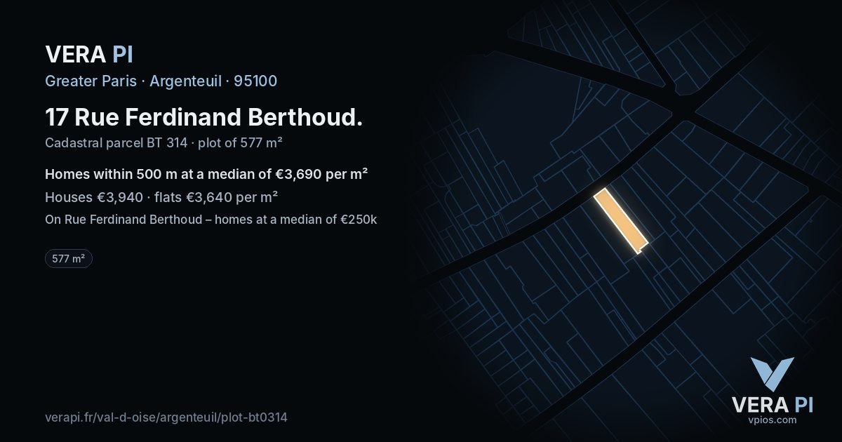17 Rue Ferdinand Berthoud, Argenteuil at night – the plot lit, the parcels around coloured by the prices near them