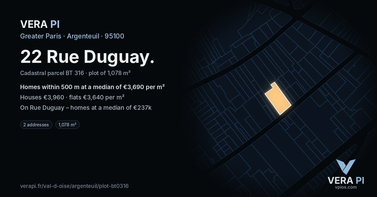 22 Rue Duguay, Argenteuil at night – the plot lit, the parcels around coloured by the prices near them