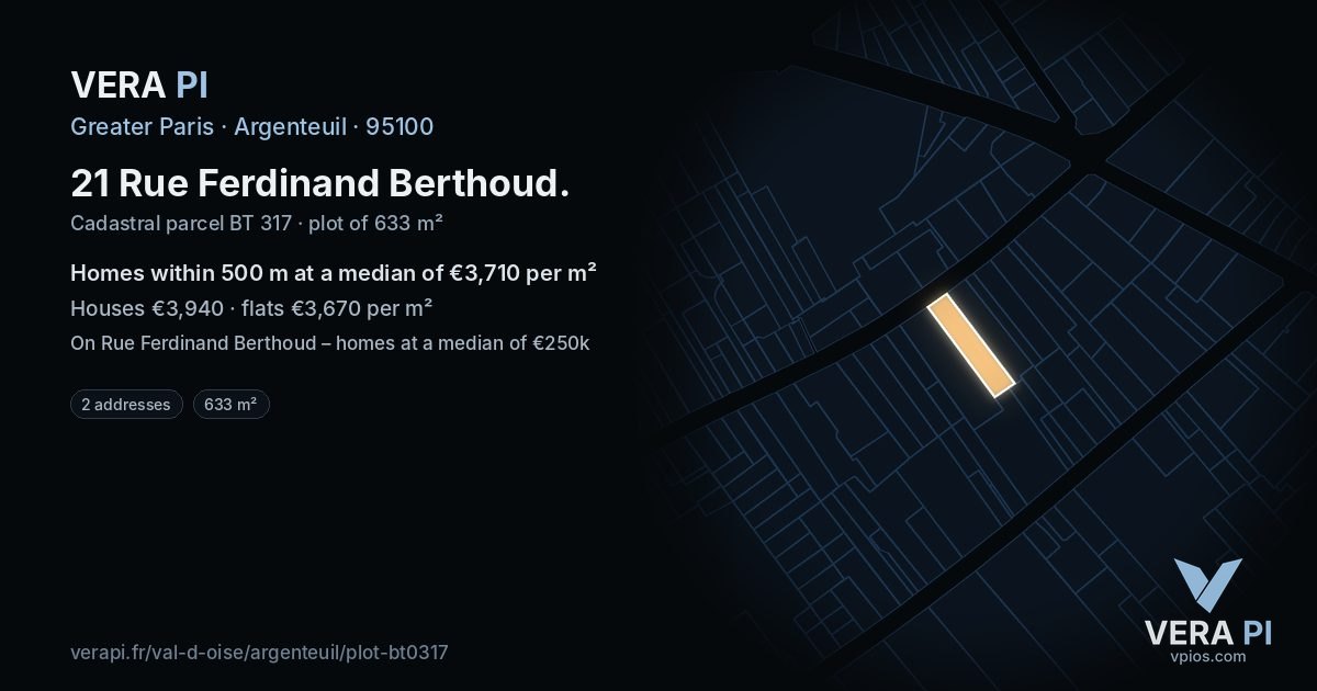 21 Rue Ferdinand Berthoud, Argenteuil at night – the plot lit, the parcels around coloured by the prices near them