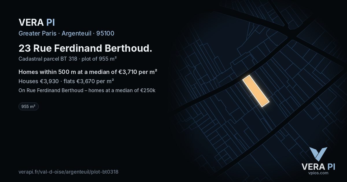 23 Rue Ferdinand Berthoud, Argenteuil at night – the plot lit, the parcels around coloured by the prices near them