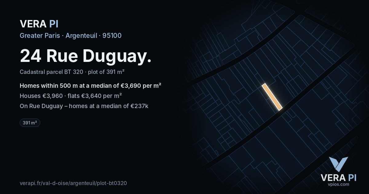 24 Rue Duguay, Argenteuil at night – the plot lit, the parcels around coloured by the prices near them