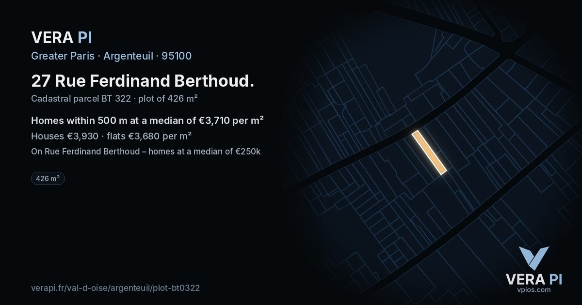 27 Rue Ferdinand Berthoud, Argenteuil at night – the plot lit, the parcels around coloured by the prices near them