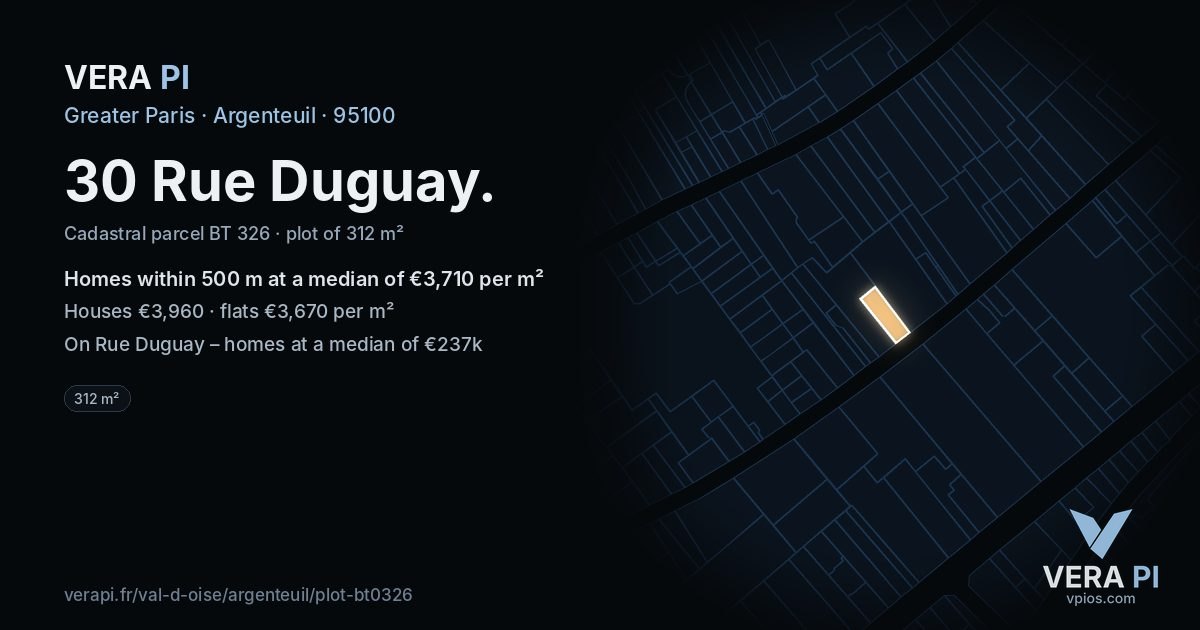 30 Rue Duguay, Argenteuil at night – the plot lit, the parcels around coloured by the prices near them