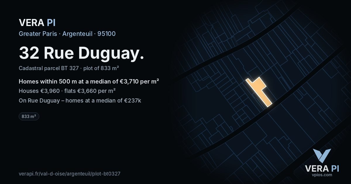 32 Rue Duguay, Argenteuil at night – the plot lit, the parcels around coloured by the prices near them