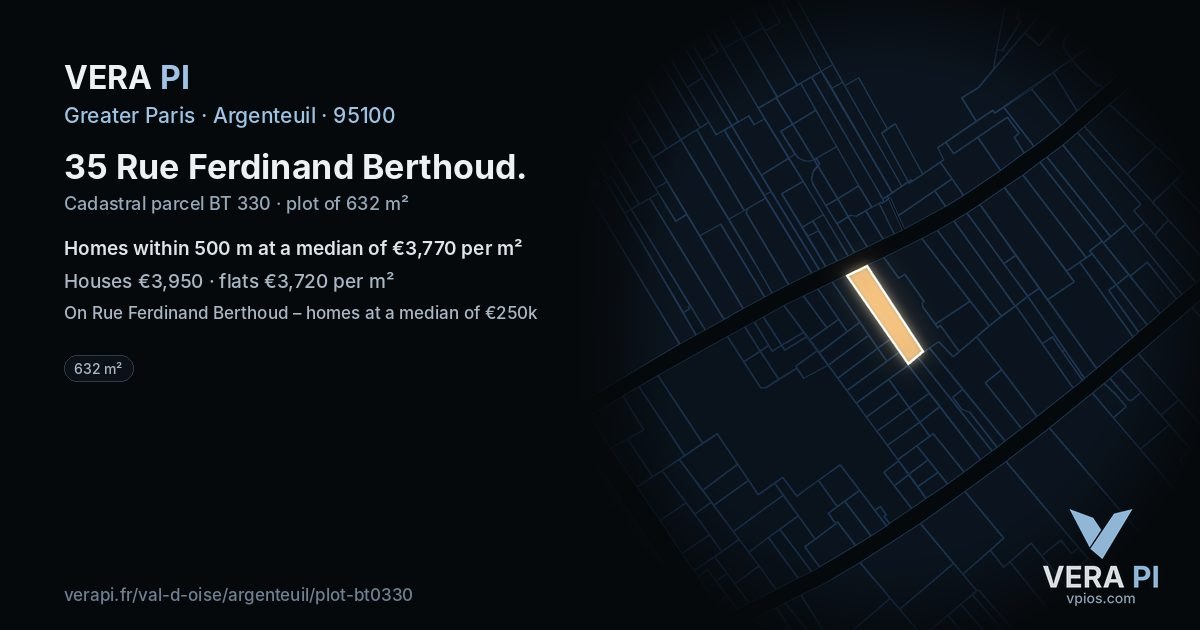 35 Rue Ferdinand Berthoud, Argenteuil at night – the plot lit, the parcels around coloured by the prices near them