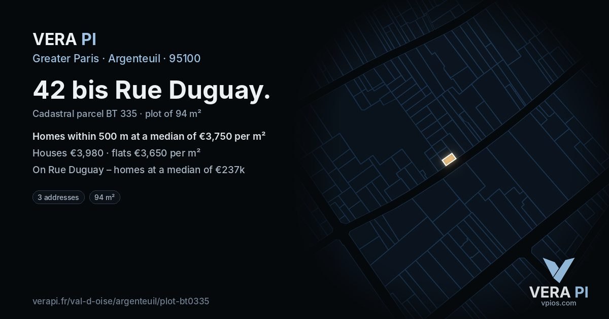 42 bis Rue Duguay, Argenteuil at night – the plot lit, the parcels around coloured by the prices near them